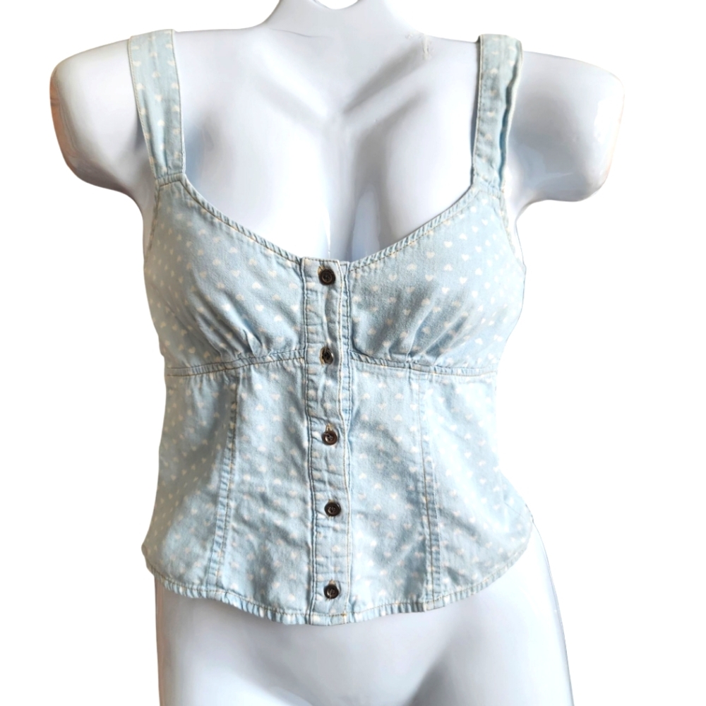 Y2K Crop Top - Ruched Bust-Milkmaid Neck-Button up-Straps-Shirred Back-Blue XS